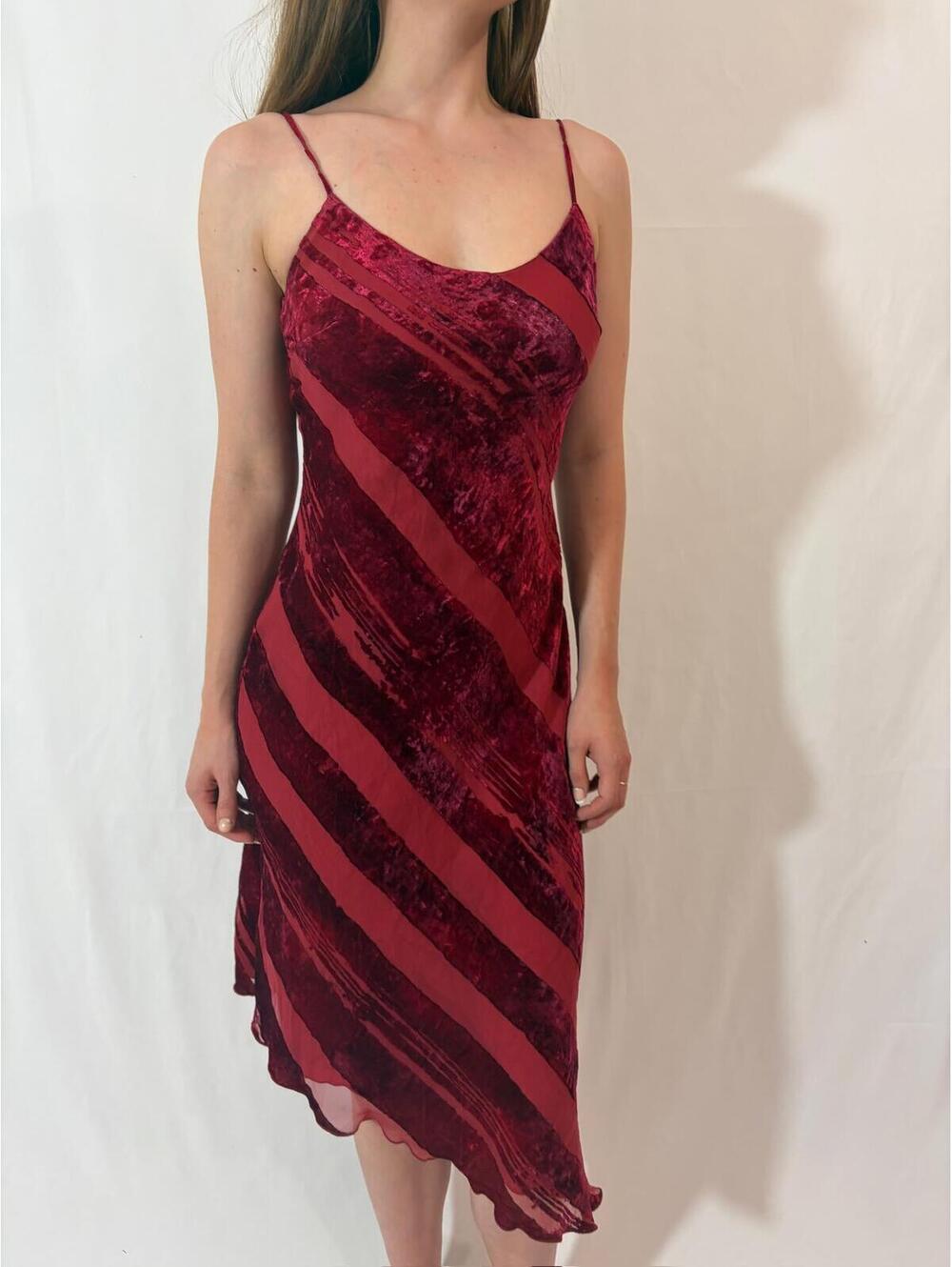 Vintage Burgundy Velvet Striped Formal Asymmetrical 90s Chic Dress